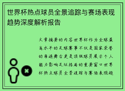 世界杯热点球员全景追踪与赛场表现趋势深度解析报告