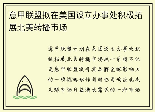 意甲联盟拟在美国设立办事处积极拓展北美转播市场 意甲联盟拟在美国设立办事处积极拓展北美转播市场