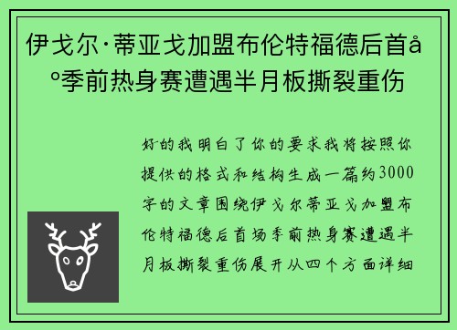 伊戈尔·蒂亚戈加盟布伦特福德后首场季前热身赛遭遇半月板撕裂重伤